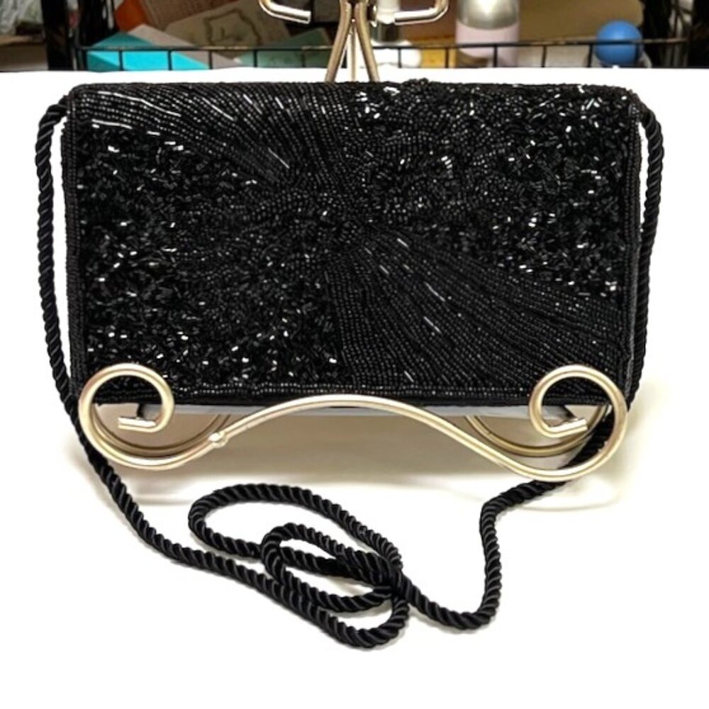 VINTAGE UK BLACK BEADED EVENING BAG WITH STRAP EUC